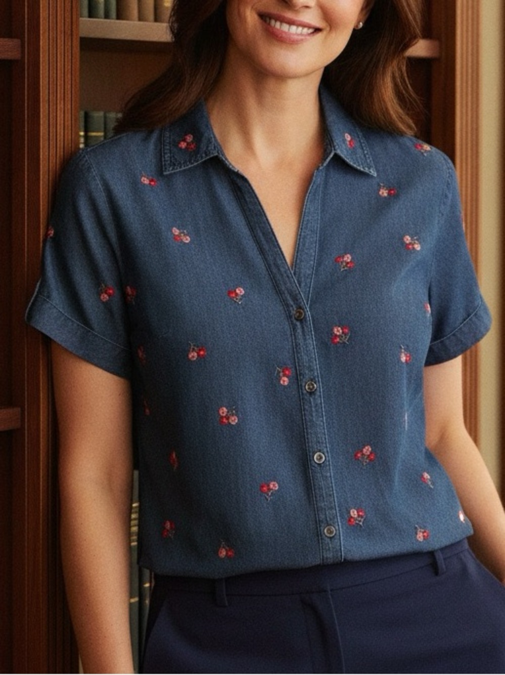 Karen Scott Embroidered Floral denim button blouse